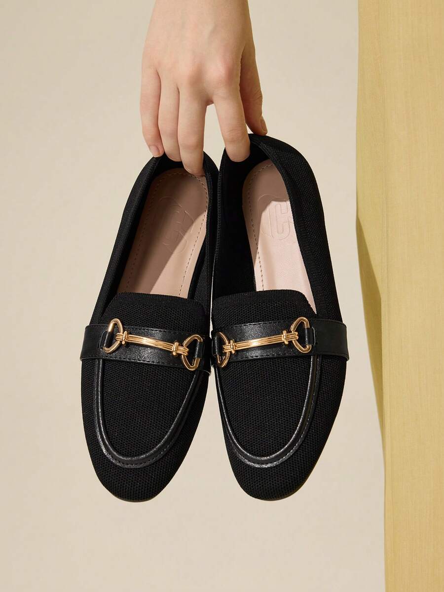 CUCCOO BASICS Women's Flat Round Toe Black Knit Metal Buckle Casual Commute Comfortable Versatile Office Lady Loafers For Christmas - Black - View 1