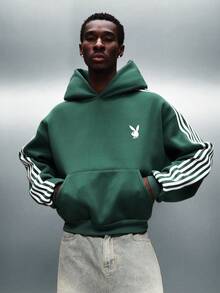 PLAYBOY X SUMWON Green Pullover Hoodie With White Striped Sleeves Centre Pocket Drawstring Hood Casual Streetwear Sweatshirt - Green - View 3