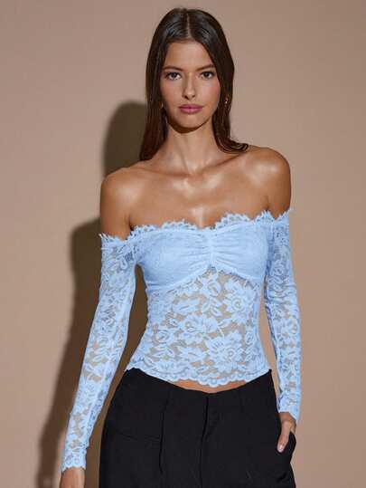 SHEIN BAE Women's Lace Sexy Sheer Hollow Out Off Shoulder Long Sleeve Top, Wine Red, Suitable For Autumn/Winter, Christmas, Halloween, Day Of The Dead