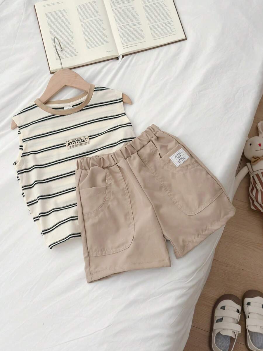 SHEIN Setelan 2 potong untuk anak laki-laki, kasual, nyaman, dan serbaguna, dengan motif garis-garis, atasan tanpa lengan dan celana pendek polos. - Khaki - View 1