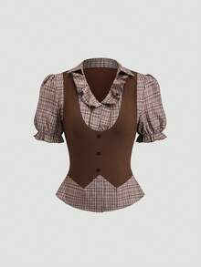 Sweetra Women's Retro 2 In 1 Plaid Patchwork Long Sleeve Shirt Design Top - Coffee Brown - View 1