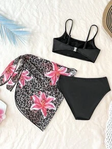 SHEIN Bộ 3 món dành cho bé gái tuổi teen, thích hợp đi nghỉ mát, đi biển, gồm bikini dệt kim màu trơn và váy lót nửa thân in họa tiết da báo, màu đen. - màu đen - Xem 3