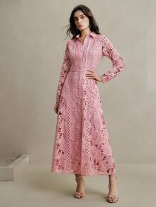 Anewsta Women's Elegant Lotus Root Pink Lace Patchwork Dress, New Spring Party Wear - Dusty Pink - View 4