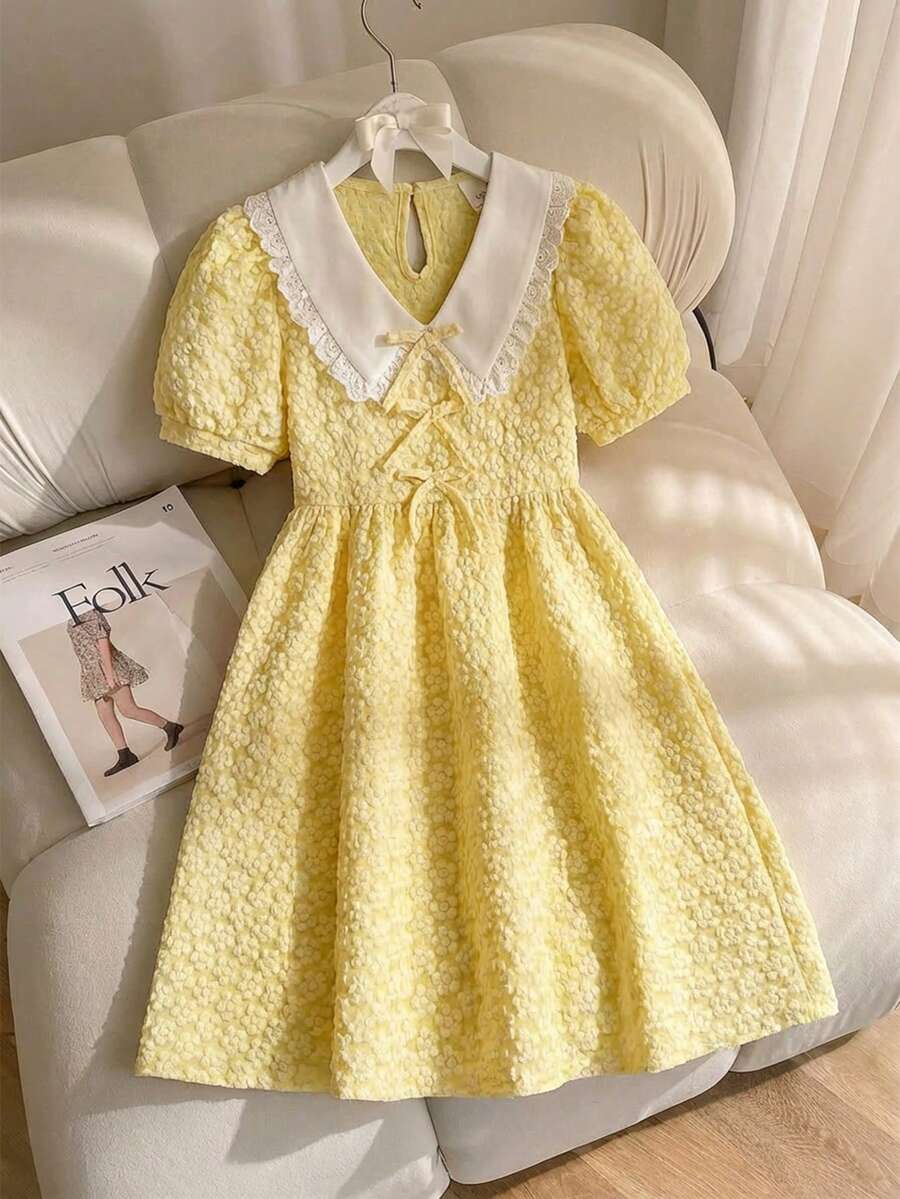 SHEIN 少女优雅花卉提花泡泡袖蝴蝶结装饰连衣裙，休闲日常、度假、派对皆宜 - 黃色 - 查看 1