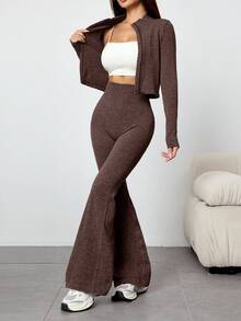 Dewbera 女士无缝瑜伽运动拉链露脐上衣和高腰运动紧身裤套装 - 棕色 - 查看 4