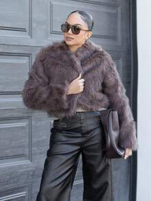 Melissa Matos 秋冬女士前开蓬松大衣 - 鏽棕色 - 查看 3