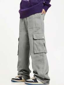 Chillumni Men Loose Fit Flap Pocket Side Cargo Pants - Light Grey - View 4