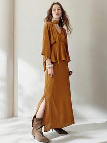 Aveloria Modichic 2pcs Set: Satin Striped Gathered Waist Top & Ruched A-Line Skirt - Mustard Yellow - View 4