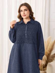 Lacomfia 大码纯色长袖阿拉伯风长裙 - 藍色 - 查看 1