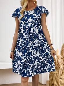 Miaspire Women's White Base With Blue Floral Print Dress With Ruffled Hemline For Spring - Blue and White - View 5