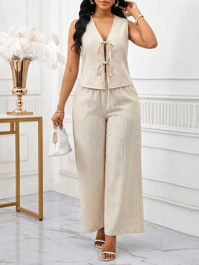 SHEIN Lady 女士无袖条纹上衣和裤子两件套