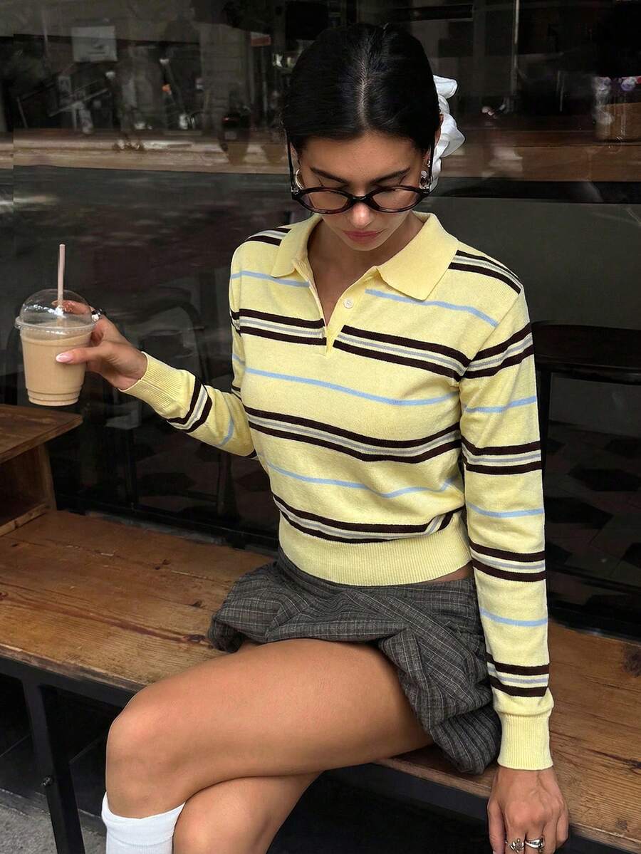 Aloruh Women's Autumn/Winter Collegiate Style Polo Neck Loose Fit Colorblock Striped Long Sleeve Sweater Women's Yellow Loose Fit Sweater - Multicolor - View 1