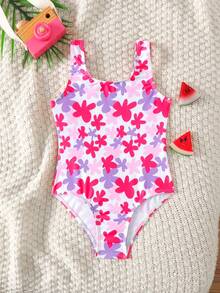 Young Girl Floral Print One-Piece Swimsuit, Cute Beach Vacation Outfit - Pink - View 7