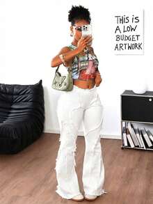 SHEIN ICON 女士休闲时尚街头风日常通勤毛边喇叭牛仔裤 - 白色 - 查看 4