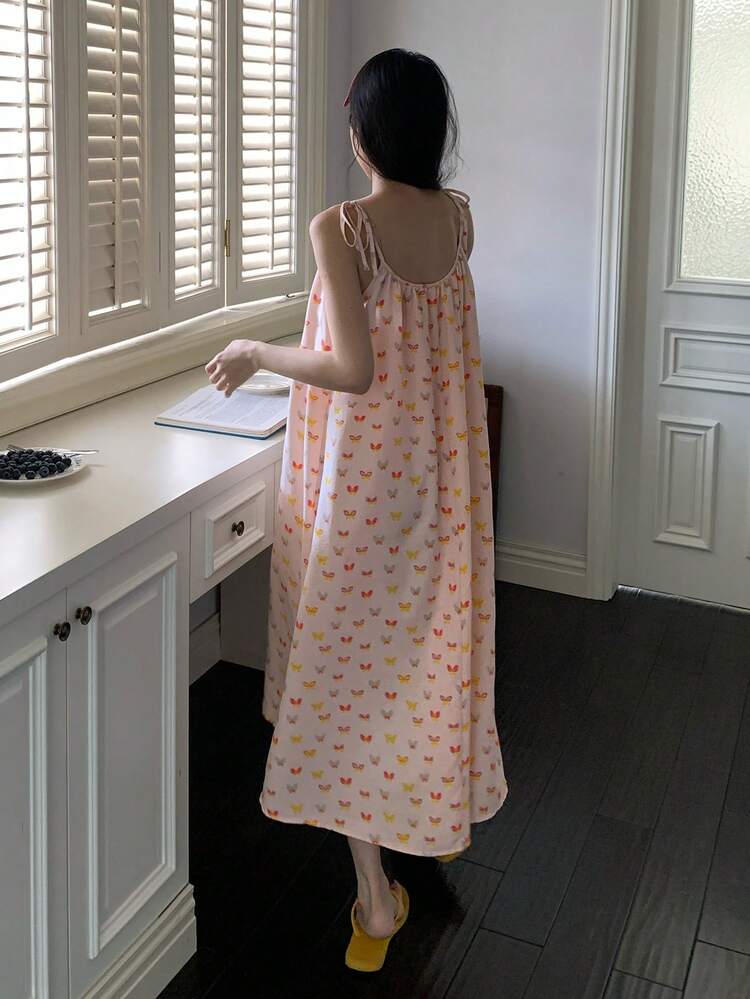 Sweet Butterfly Pattern All-Over Print Trim Splice Long Camisole Nightgown For Women