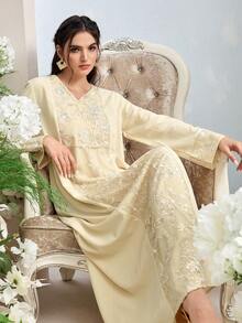 Al Najma 女士优雅亮片刺绣拼接阿拉伯风格连衣裙 - 綠色 - 查看 7