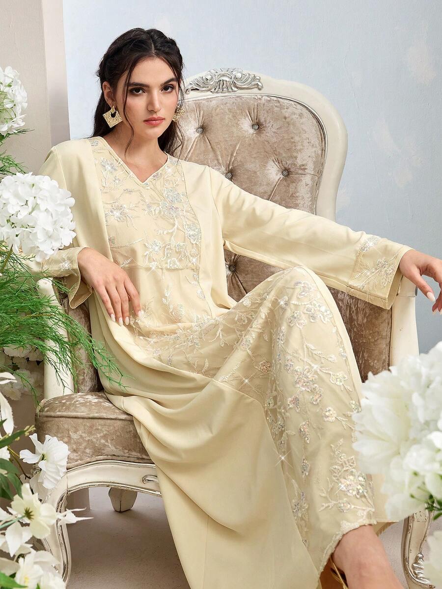 Al Najma Women's Elegant Sequin Embroidery Patchwork Arabic Style Dress - Green - View 1