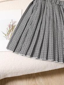 SHEIN 优雅无袖蝴蝶结开衫上衣和百褶裙套装，适合少女夏季 - 黑與白 - 查看 4