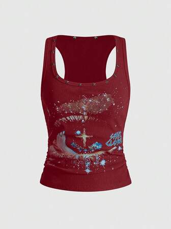 ROMWE Avant Damen Retro Baddie Unisex Streetwear Top mit Sternenhimmel- und Nietenprint