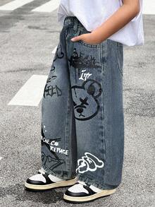 SHEIN Young BoyBear Graffiti Pattern Blue Loose Fit Jeans - Light Wash - View 5