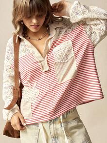 Bohemela 波西米亚风秋冬春季外套，女士复古休闲红色条纹花卉蕾丝拼接半开襟纽扣长袖宽松T恤，西部乡村风格，适合音乐会、度假、日常穿着、返校季、圣诞节、新年、情人节等场合。 - 彩色 - 查看 5