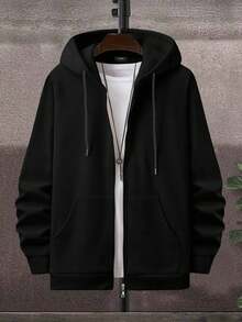 EURMUSE 大码棉质男士基本款口袋贴片拉链连帽衫 - 黑色 - 查看 5