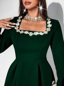 Viva Relle Dark Green Plus Size Mini Dress With Embellished Square Neck Long Sleeves And Flared Hem Zipper Details - Dark Green - View 4