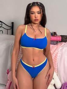 Eraneu 2pcs/Set Bow Accent Contrast Color Women's Lingerie Set - Blue - View 1
