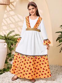 SHEIN Tween Girl Round Neck Patchwork Yellow Chiffon Rose Waist A-Line Dress, Yellow Chiffon Rose Ruffle Sleeve Cuffs, Spring/Summer - Yellow - View 3