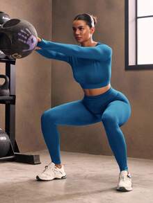 Powerista Women's Autumn Simple Solid Color Raglan Sleeve Cropped Top And Leggings Sports Suit - Aqua Blue - View 4