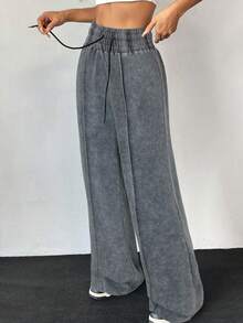 SHEIN EZwear Autumn/Winter Casual Distressed Washed Grey High Waist Wide Leg Sweatpants Sweat Pants For Woman Grey Sweatpants Women Grey Pants - Grey - View 5