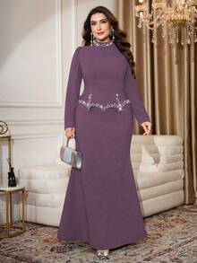 Modelyn Plus Size Elegant Rhinestone & Faux Pearl Decor Fish Tail Hem Dress, Summer - Purple - View 1