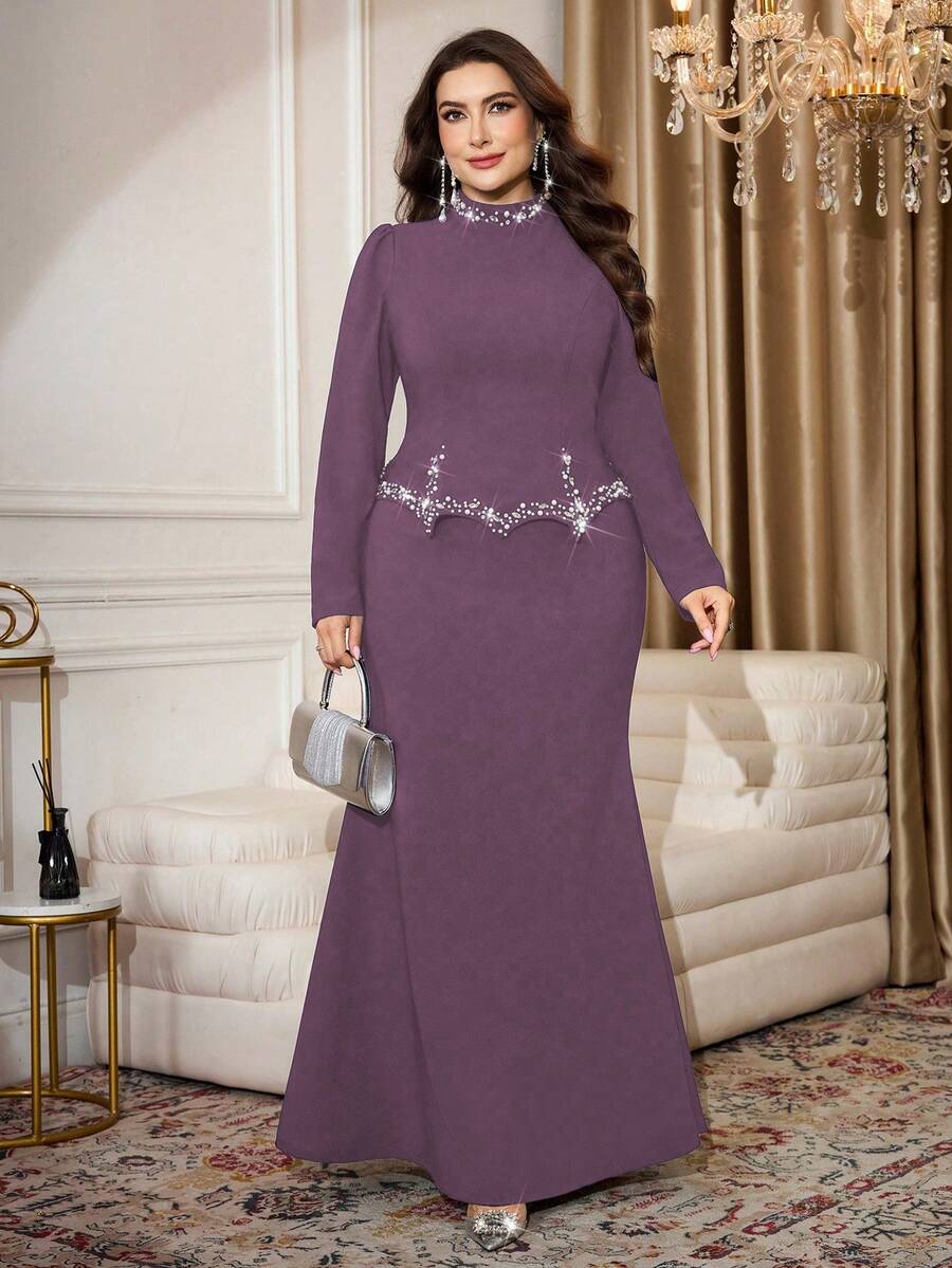 Modelyn Plus Size Elegant Rhinestone & Faux Pearl Decor Fish Tail Hem Dress, Summer - Purple - View 1