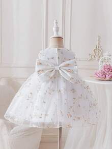 Glamorique Kids 女婴花卉刺绣缎面网纱露背蝴蝶结装饰高腰无袖连衣裙，女婴生日派对婚礼宾客优雅公主风长裙 - 米色 - 查看 2