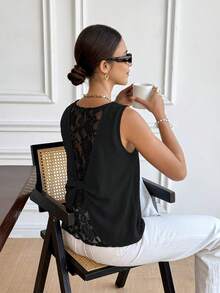 Serisse Women's Solid Color Commuter Contrast Lace Sleeveless Blouse, Summer,French Style Summer Lace Simple Elegant Bowknot Patchwork Sleeveless Top, Chic Casual Versatile For Dates And Outings, Black Lace Vibe Sleeveless Blouse,Black Blouse, Casual,Valentine,Summer Tops - Black - View 4