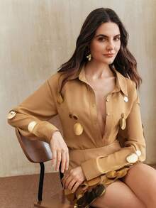 Anewsta Camisa de gasa con bordado de lentejuelas plateadas hecha a mano, primavera - Camel - Ver 7