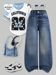 SHEIN ChillGRL Tween GirlsCasual Basic Comfortable Elegant Fresh Wide Leg Loose Fit Pure White Jeans - Medium Wash - View 1