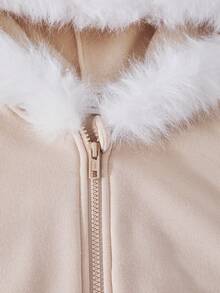 SHEIN ChillGRL Streecool Tween Girl Girls 2-Piece Set: Fleece Zip-Up Hooded Short Jacket With Frayed Edges + Drawstring Straight Leg Pants, Suitable For Casual, Commute, And Vacation In Autumn/Winter - Khaki - View 4