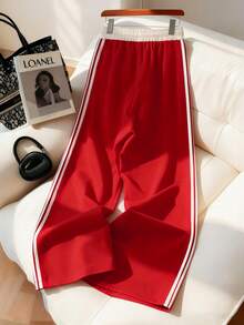 GlowEve Pantalon large à blocs de couleur avec broderie en forme de cœur pour femmes, style de mode casual pour les trajets quotidiens, convient pour un rendez-vous de la Saint-Valentin, style de rue français vintage polyvalent pour les fêtes du Nouvel An, rouge, nouveauté de début de printemps/automne, pantalon de sport - Multicolore - Voir 2