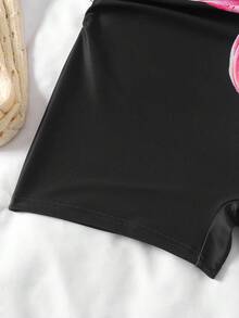 SHEIN Girls' Casual Strapless Ruffled Lily Floral Print One-Piece Swimsuit, Black Background, Spring/Summer - Black - View 6