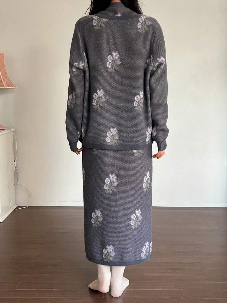 2pcs Knitted Long Sleeve Cardigan & Pinafore Dress Ditsy Floral Pajama Set For Women