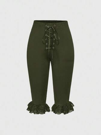 Kawaii Pantalones capri de mujer con parches de encaje y cordones, estilo básico Y2K del milenio