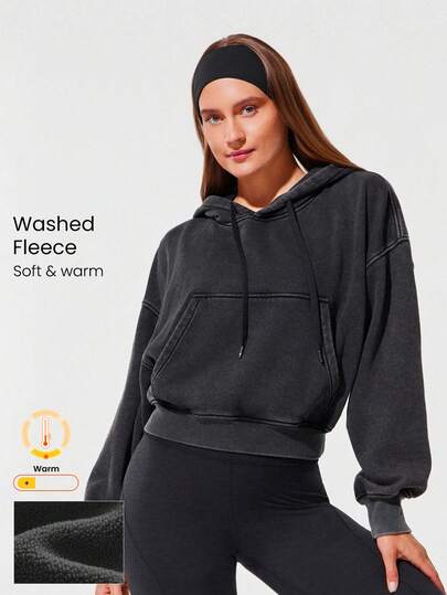 GLOWMODE Washed Fleece Chill Ready Soft Warm Ribbed Pocket Waist-Length Oversized Fit Cotton Fleece-Blend Hoodie Sweatshirt Autumn Winter Outdoor Daily Casual