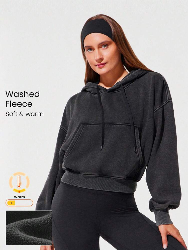 Washed Fleece Chill Ready Soft Warm Ribbed Pocket Waist-Length Oversized Fit Cotton Fleece-Blend Hoodie Sweatshirt Autumn Winter Outdoor Daily Casual