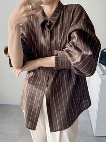 FRIFUL Women's Striped Lapel Drop Shoulder Long Sleeve Loose Casual Versatile Shirt, Autumn/Winter - Brown - View 6