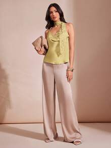 L'Amorae Women Satin Cowl Neck Inset Attached Scarf Cami Top, Holiday New Years Date Night Outfit - Light Yellow - View 3