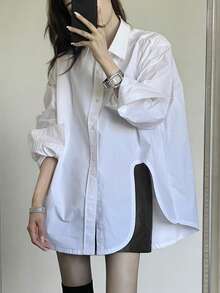 INAWLY Women's Loose Casual Split Hem Shirt - White - View 1