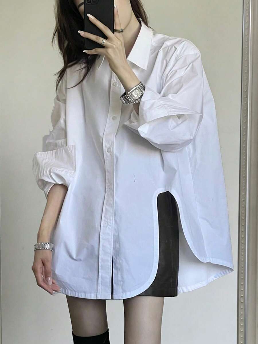 INAWLY Women's Loose Casual Split Hem Shirt - White - View 1