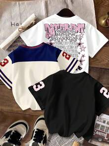 SHEIN EZwear 三件套休闲简约运动涂鸦T恤，适合聚会、派对、机场等场合，图案包含数字、字母和学院风印花，宽松圆领短袖设计，适合夏季穿着，春季印花T恤。 - 彩色 - 查看 2