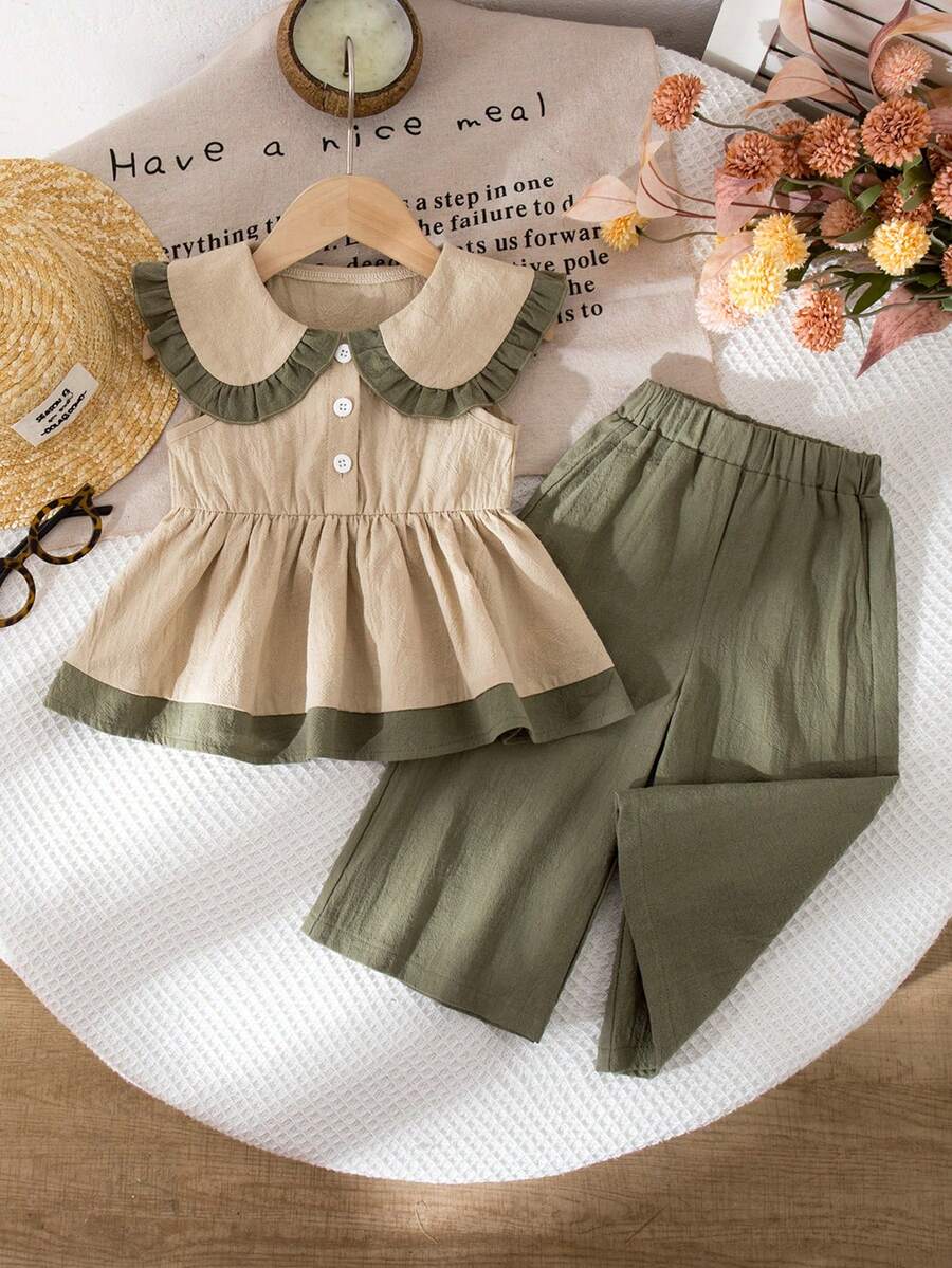 SHEIN 2件套女婴幼儿0-3岁休闲日常水洗纯棉宽松翻领无袖衬衫上衣和阔腿裤套装 - 軍綠色 - 查看 1